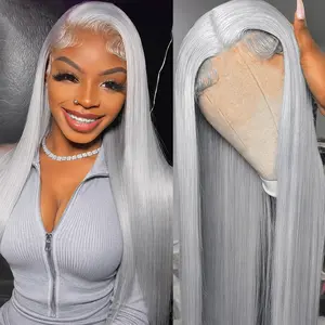 AMZHAIR Grey Full Lace Frontal Wigs 100% Human Hair Straight Lace Front Wigs for Black Women 13x4 13x6 HD Lace Frontal Wig Pre Plucked Natural Hairline 180% Density Thick Silver Colored Grey Wigs