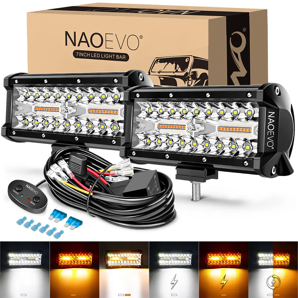 NAOEVO 7 Inch LED Light Bar, 240W 24,000LM Offroad LED Pods, Spot/Flood Combo, 2-Pack with Wiring Harness for Truck/Boat/UTV/ATV