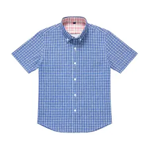 Tailored Slim-Fit Check Pattern Short Sleeve Shirt for Men, Wrinkle-Resistant Button-Down Top with Contrast Inner Collar for Office & Casual Style