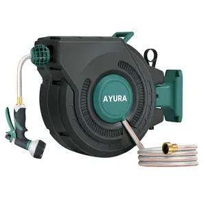 AYURA Retractable Hose Reel, 100 FT Max Length, Heavy Duty Garden Hose Reel with 8 Spray Patterns Nozzle, 180° Rotating Wall Mount, Any Length Lock & Slow Return System