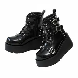 Platform Ankle boots for Women Goth Rave Boots Studded Buckle Kawaii Shoes Platform High Heel Round Toe Side Zipper Wedges Combat Mid Calf  Winter Booties for Party Gothic Evening Concert Dress ShoesRAIMENTRY