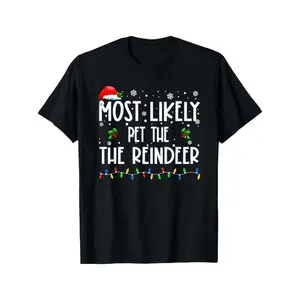 Most Likely to Pet The Reindeer Christmas Matching Family T-Shirts - Funny Holiday Group Outfits, Black with White Lettering & Reindeer Antlers & Design, Adult Casual Round Neck Tees for Christmas Parties & Family Photos, Machine Washable All-Season Comfo