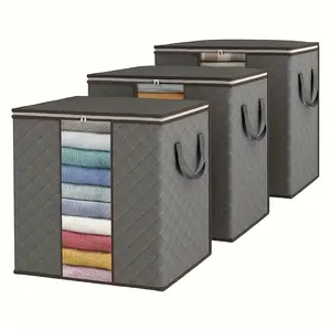3-Piece Set: Large Fabric Storage Bags with Heavy-Duty Handles - Foldable, Space-Saving Containers for Clothing, Blankets, Bedding - Clear View Window, Stylish Grey