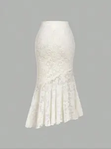 Women's asymmetrical textured apricot mermaid midi skirt, Elegant Casual Skirt, suitable for Halloween, Christmas, and autumn/winter wear.Can be worn as an outerwear skirt; chic, country style; Sheer Lace Skirt.