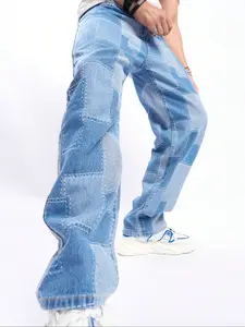 Men's Stylish Casual Loose Straight Leg Jeans in Light, Comfortable, Breathable Denim Jacquard Check Fabric for All Seasons, Ideal for Urban Fashion, Streetwear