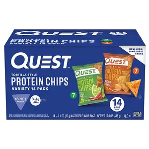 Quest Tortilla-Style Protein Chips Variety Pack, 18-20g Protein, Crunchy Crispy, Chili Lime and Nacho Cheese Flavors, Protein Snacks