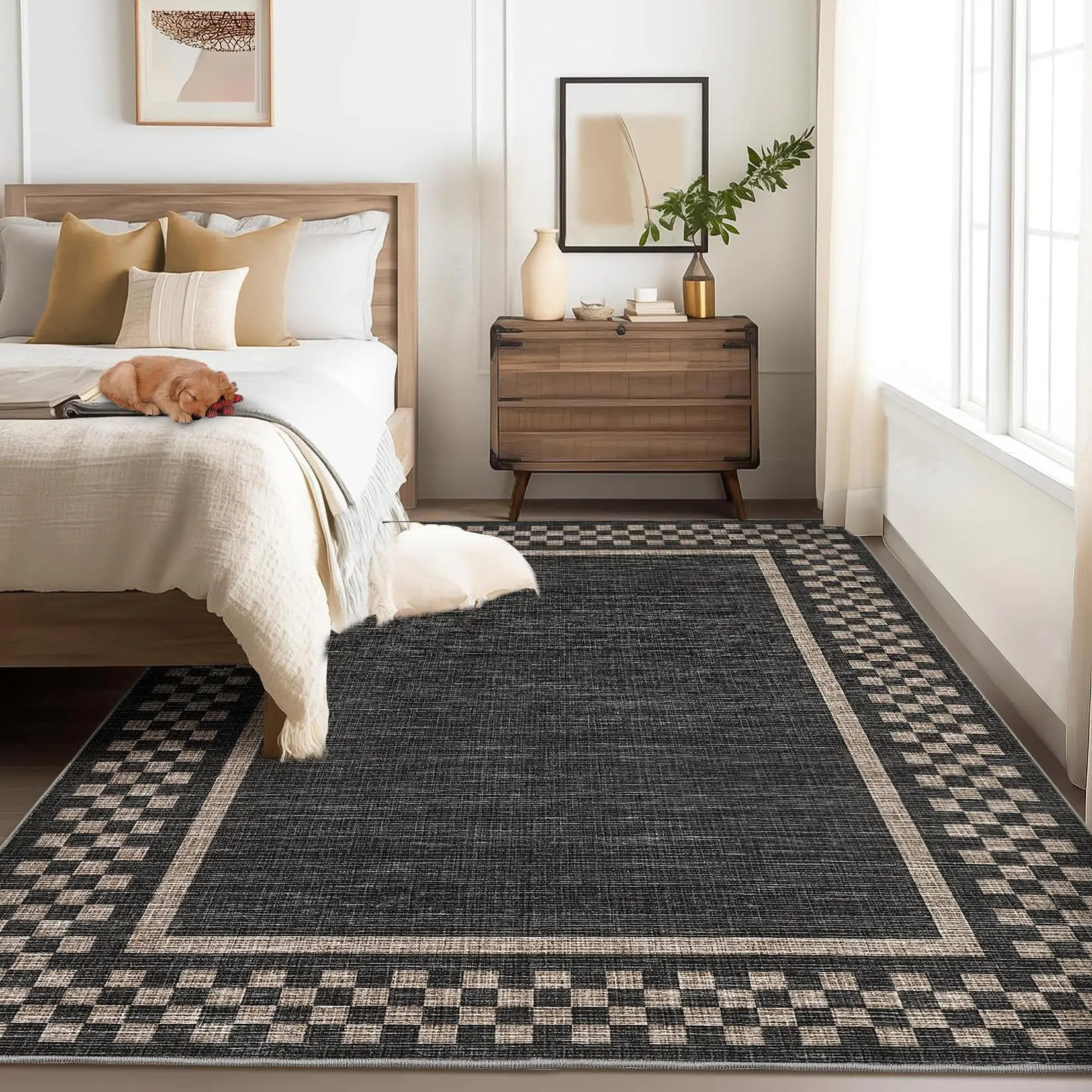 GARVEE 4x6 Rug Small Washable Living Room Rug Modern Bordered Area Rugs with Rubber Backing Soft Non Slip Low Pile Dining Room Throw Carpet Checkered Geometric Mats for Bedroom Kitchen, Black