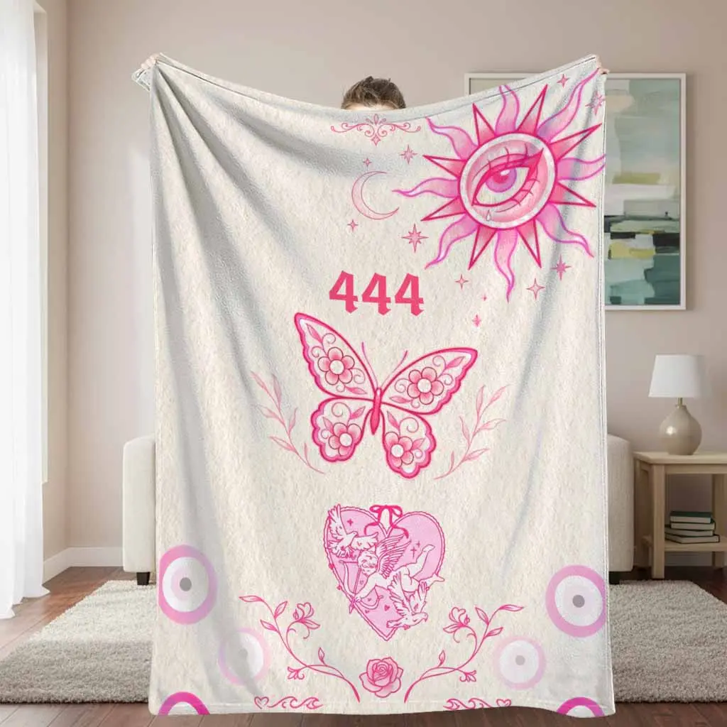 Mystic 444 Angel Blanket - Adorable Style Flannel Throw with Pink Butterfly, Sun, Eye & Heart Art Graphic, Colorful Soft Cozy Lightweight Warm Decor for Bedroom & Meditation, Gift Choice, Adorable Style Blankets, Angel Blankets