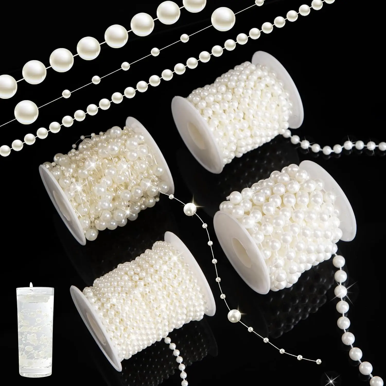 4 Rolls 76 Feet Pearl String Garland, Faux Pearl Beads Roll Strand for Crafts, Artificial Pearls Chain Trim for Wedding Party Flower Valentine Christmas Decoration, 4mm 6mm 8mm & 8+3mm Mixed, Ivory