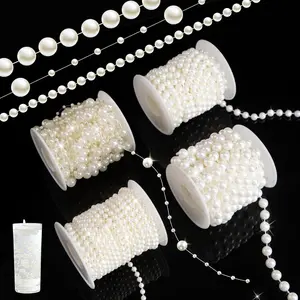 4 Rolls 76 Feet Pearl String Garland, Faux Pearl Beads Roll Strand for Crafts, Artificial Pearls Chain Trim for Wedding Party Flower Valentine Christmas Decoration, 4mm 6mm 8mm & 8+3mm Mixed, Ivory