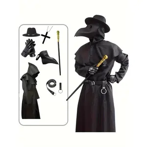 A Halloween Outfit Ideal for Plague Physicians, Featuring a Black Cloak And a Mask Shaped Like a Bird'S Beak.