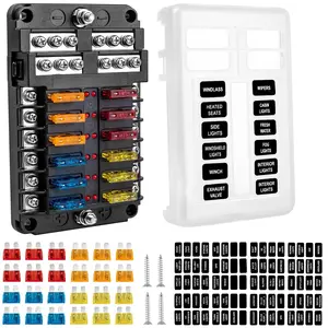 12 Way Fuse Block, 12V Marine Fuse Box with LED Indicator, Automotive 12-Circuit Blade Fuse Block with Waterproof Cover for RV Motorcycle Boat Vehicle, 24PCS Fuses & Tip Stickers Included