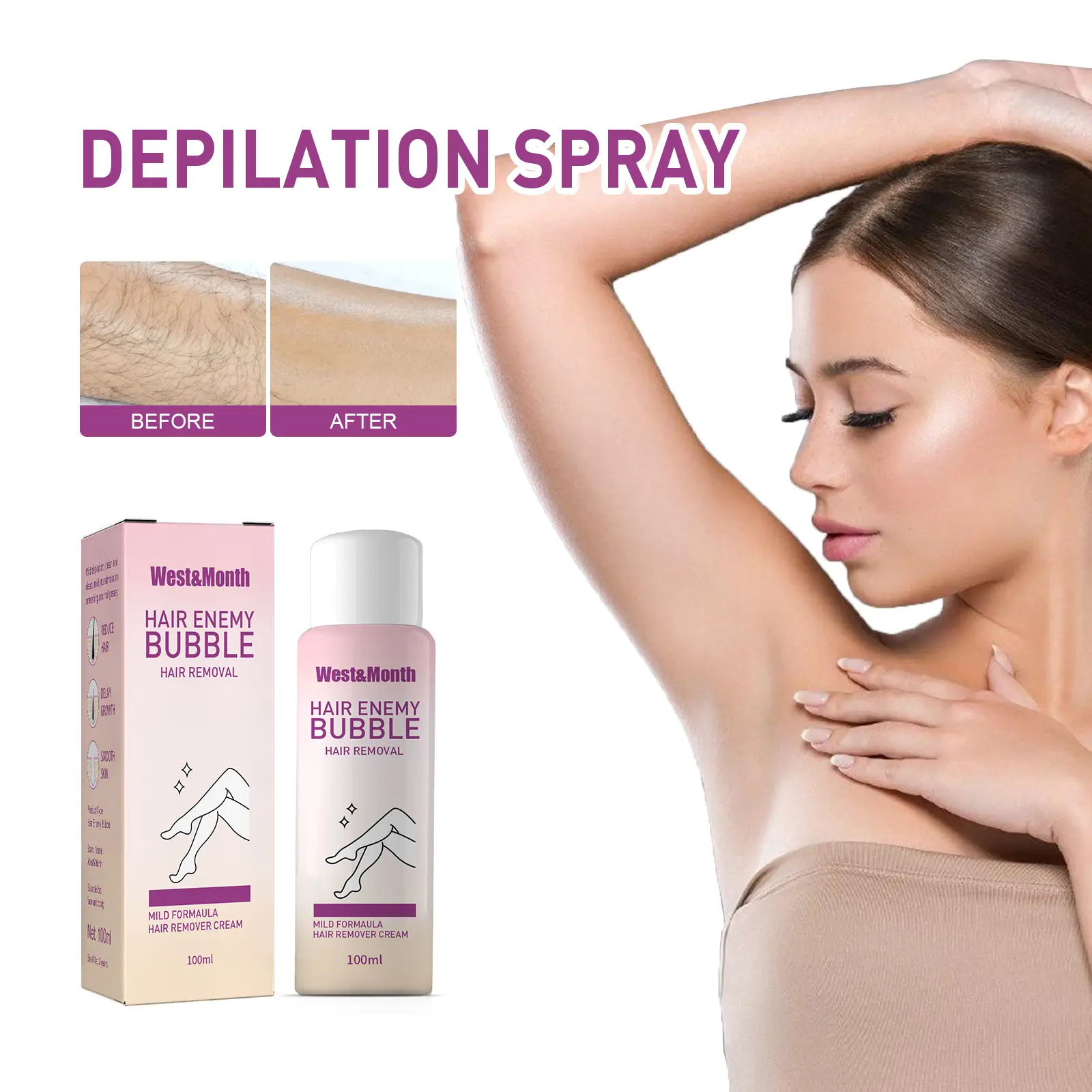 Painless Depilatory Spray for Sensitive Skin - Fast-Acting Citrus-Scented Formula with Glycerin+Aloe, Hyaluronic Acid for Soothing Care, Wipe Hair Off Easily, Supports Smooth Skin, Suitable for Men & Women