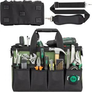 Tool Bag 18 Inch, 18 Pockets Soft Tool Box Organizer, Wide Mouth Portable Toolbox for Mechanics, DIY, Heavy Duty Storage with  Hard Bottom,  for Him Dad Men, Green
