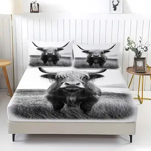 Highland Cow Bed Sheet Set Highland Cattle Bedding Sheets for Adults Bull Cattle Bedding Fitted Sheet Bed Cover 1 Bed Sheet Set with 2 Pillowcases Queen Size