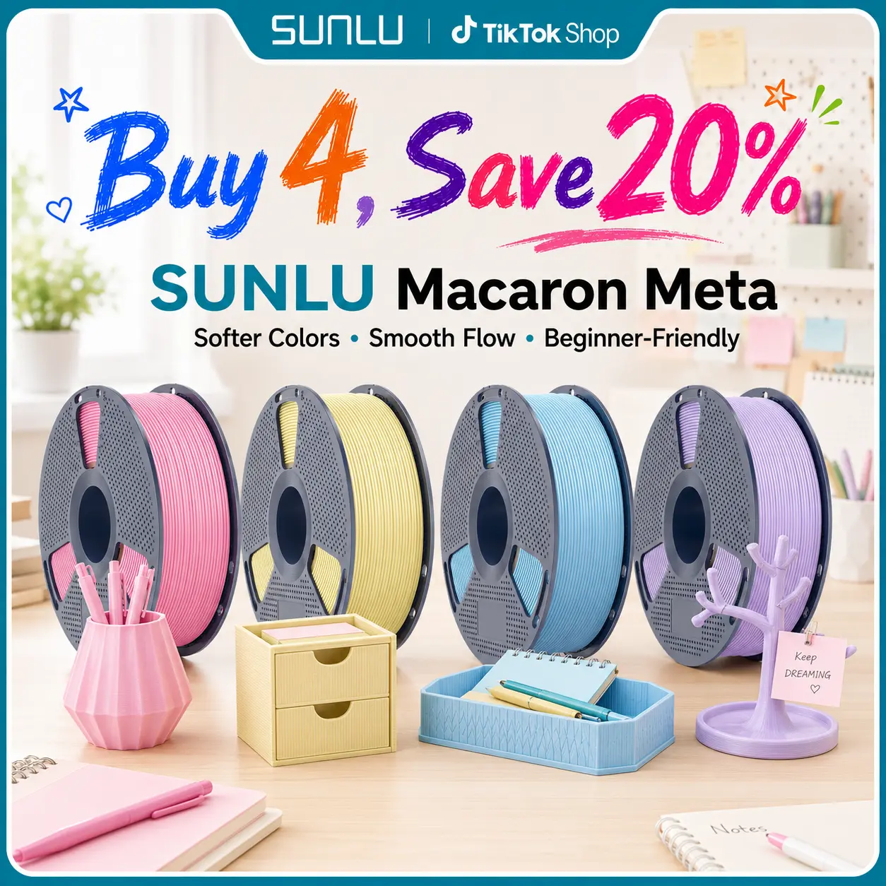 SUNLU PLA Meta 3D Printer Filament, 1KG Macaron Colors, Back to School, High-Speed Printing, Glossy Finish, Low Warping, Ideal for School, Office & Creative Projects,back to school,back to school haul