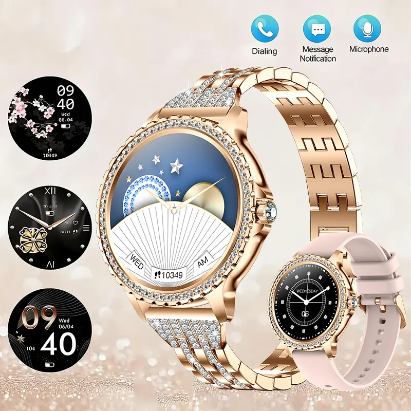 2026 New Women’s Diamond Smart Watch, IP68 Rose Gold Smart Watch with Diamond Dial and Diamond Strap, 1.32” HD Touchscreen, Bluetooth Call, Sleep Tracker, Step Counter, 100+ Sport Modes, Extra Strap
