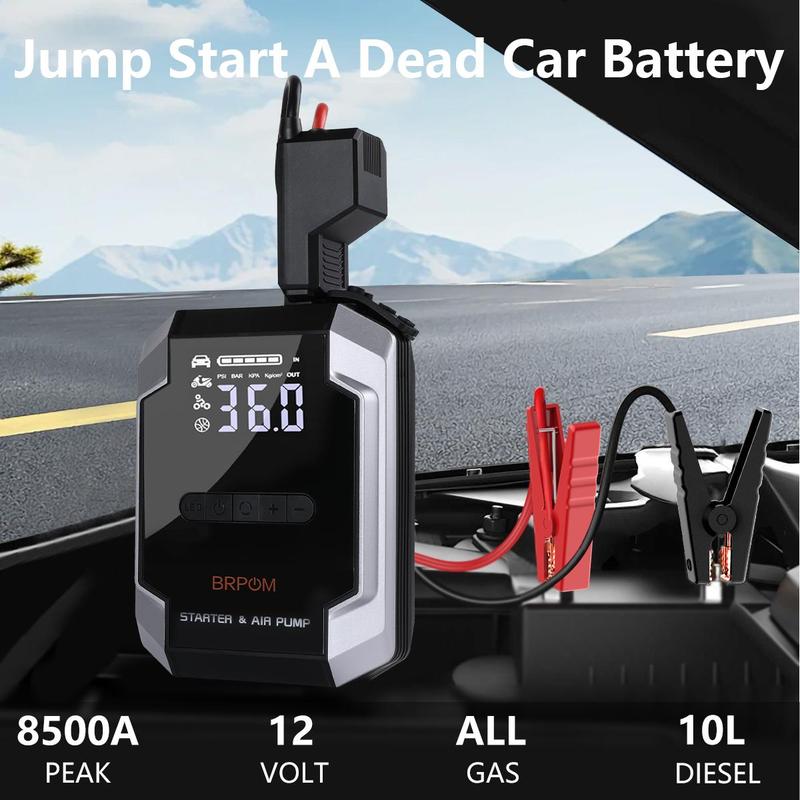 BRPOM [5 in 1] 8500A Portable Car JumpStarter with Air Compressor(ALL Gas, 10.0L Diesel) WithTire Inflator, 12V Car Battery JumpPower Fast charging With LED Light Jump starter