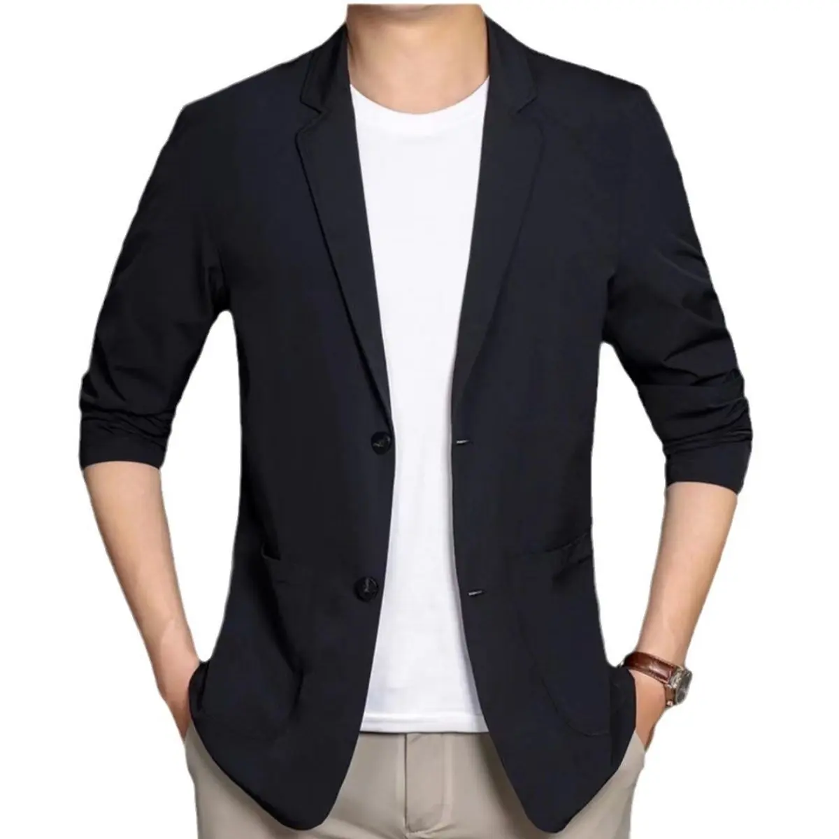 Men's Slim-Fit Navy Plain Polyester Long-Sleeve Thin Casual Small Suit - Light Business Ice Silk Sun Protection Jacket