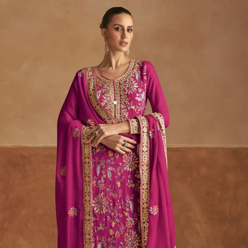 Rani Pink Chinon Embroidered Designer Palazzo Suit Premium Silk Salwar Kameez Fully Stitched Thread Embroidery With Sequince Work Size 40 42 44