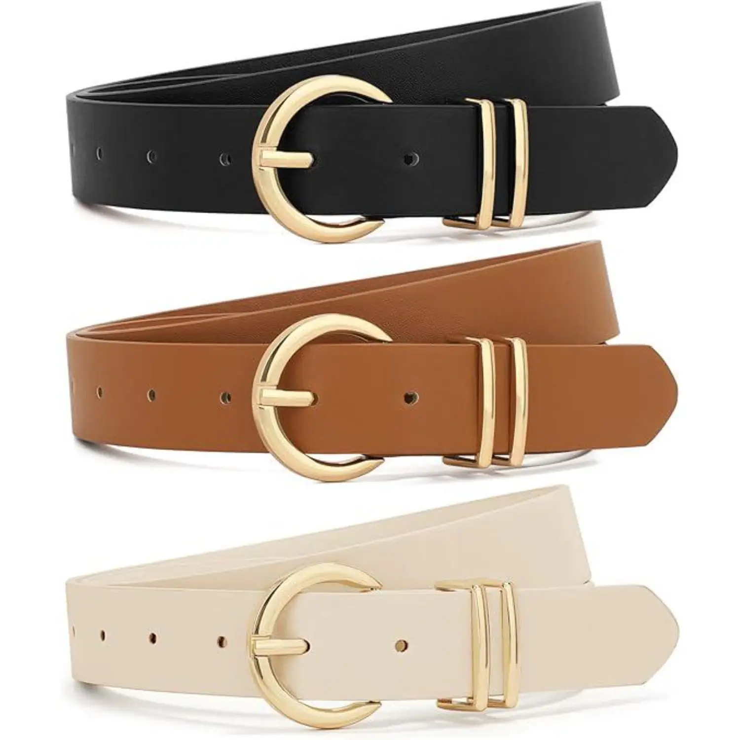 3 Pack Women Belts For Jeans Dresses Pants Ladies Leather Waist Belt with Gold Buckle,Hand Tools Kits (Round Buckle Black+Brown+Beige)