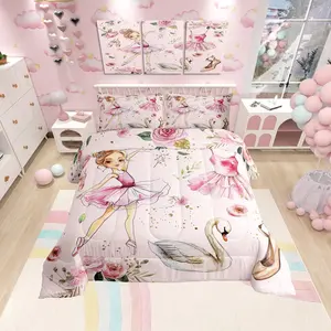 Ballet Dance Girl Pink Comforter Set,Fantasy Dancing Dress Shoes Duvet Set,Soft Bed Collection,Dreamy Swan Watercolor Flowers Bedding Comforter for Kids Adults Bedroom