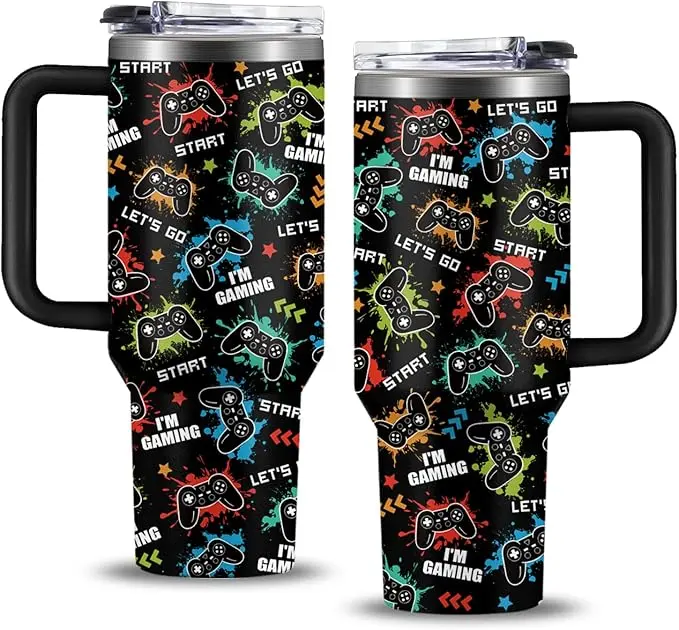 Gamer Gifts for Men Boys Tumbler with Handle and Straws 40oz Stainless Steel Gamer Insulated Travel Cups - Birthday Present for Game Lover, Men, Dad, Son, Husband - Gaming Gifts for Him Coffee Mugs