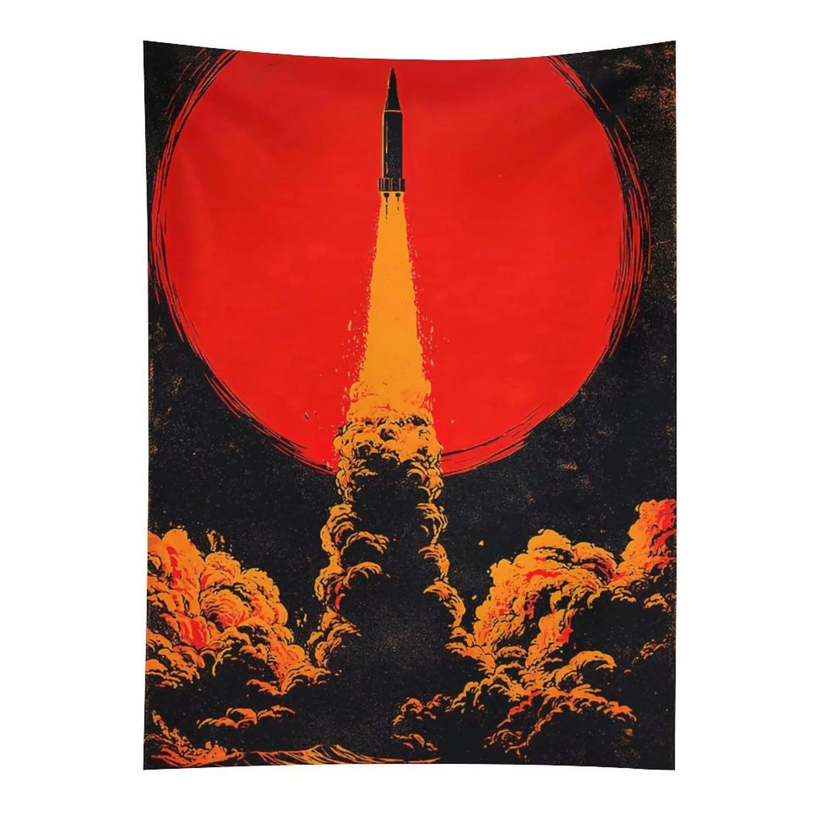 Rocket Launch Red Sun Tapestry Retro Space Wall Hanging Decor