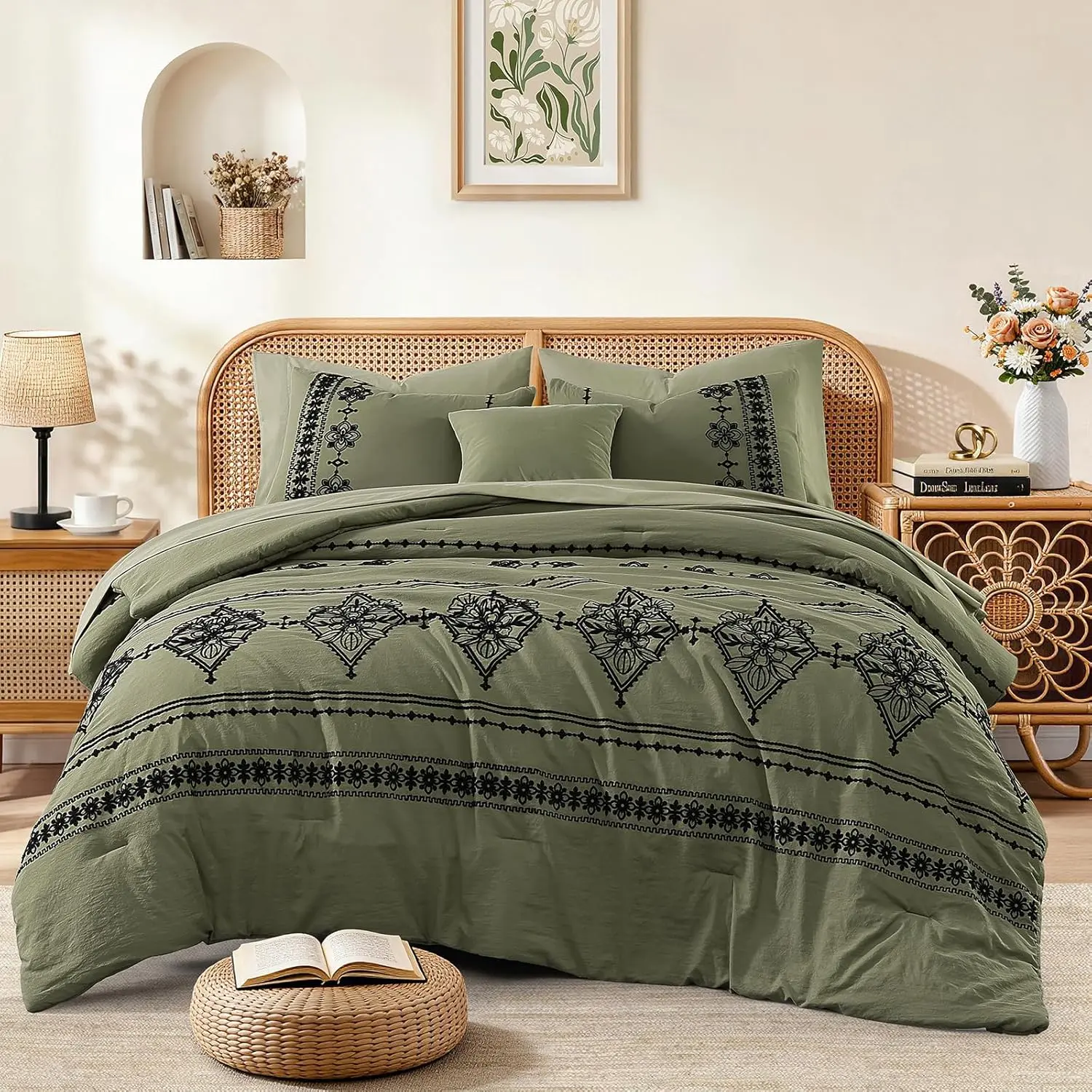 Olive Green-floral Embroidery