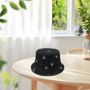Lightweight Cotton Blend Women's Denim Bucket Hat with Foldable Bow Embroidery, Wide Brim Sun Protection Fisherman  scandinavian summer hat