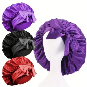 3pcs Large Satin Sleep Bonnets for Women - Adjustable Long Strap, Soft Silky Night Cap for Natural Curly Hair, Available in Purple, Black, Red
