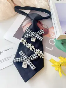 Unique Design Sweet Cool Women's Short Tie, Plaid Bowknot, Artificial Pearl Decoration, Style Consistent with Idol Group, Perfect for Campus Parties, Casual Elegant Tie