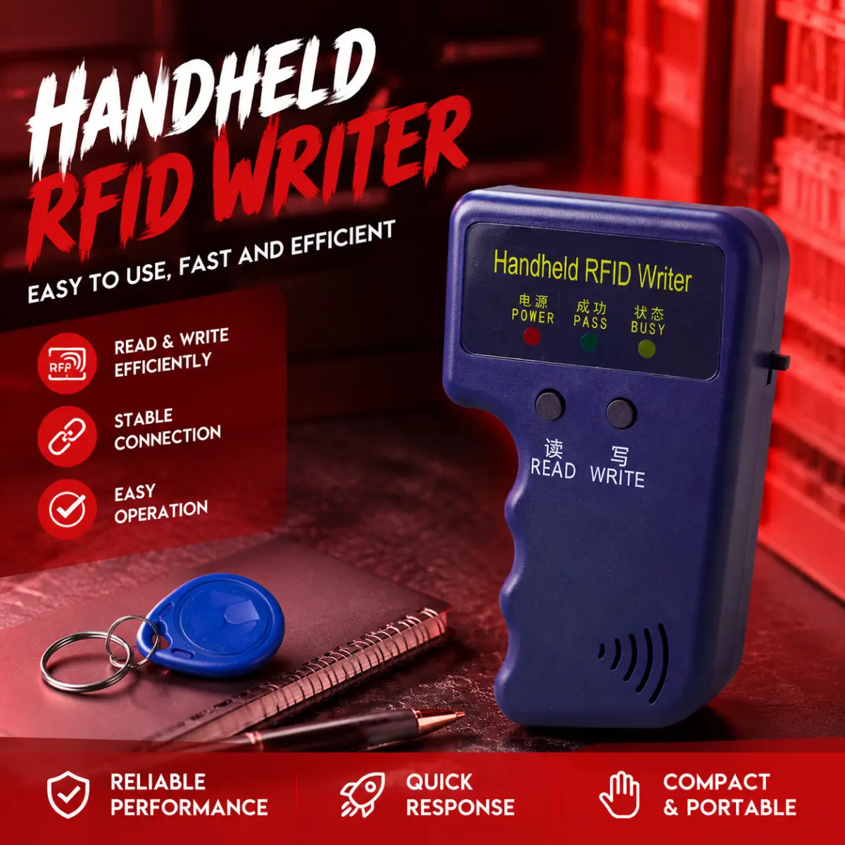 125KHz Support Handheld RFID Card Copier - Portable ID Key Fob Writer Duplicator Machine with 1-Touch Read-Write, 5 Blue Keychain Tags for Access Control Door Entry Security