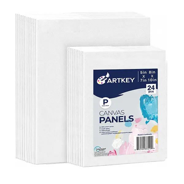 Artkey Canvas Panels 24-Pack 5x7, 8x10 Inch, 10 oz Primed 100% Cotton Paint Canvases for Painting, White Blank Flat Canvas Boards for Acrylics Oil Watercolor Tempera Paint
