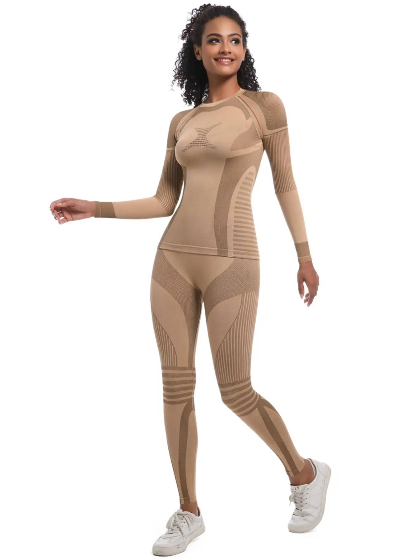 Women's Raglan Sleeve Round Neck Baselayer Top & Leggings Ski Suit, Sporty Comfortable Breathable Thermal Warm Quick Drying Skiing Underwear Set for Women, Ladies Sportswear Activewear for Winter Skiing