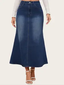 Women's Solid Denim-effect Print Fitted Maxi Skirt, Fashion Casual Denim-effect Print Skirt for Daily Outdoor Wear, Women's Bottoms for Spring & Fall, Womenswear, Casual Skirts