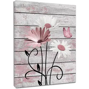 Farmhouse Pink Floral Wall Art for Bathroom, Pink and White Daisy Butterfly on Rustic Wood Canvas Wall Art Nature Flower Pictures for Living Room Bedroom Apartment Wall Decor