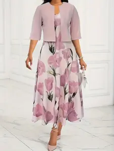 Elegant & Comfortable Plus Size Outfit: Floral Print V-Neck Dress with Solid Open Front Cardigan - Perfect for Any Occasion