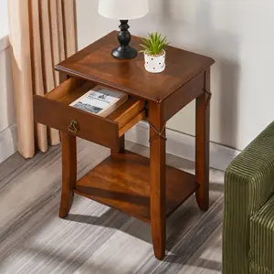 Solid Wood End Tables with Drawer,Bedroom Beside Table,Cherry Wood Nightstand,Mid-Century Modern Funiture with Storage Shelf,Living Room Side Table with Wood Frame,Easy Assembly