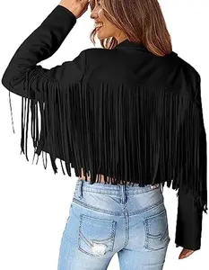 Women's Fringe Faux Suede Leather Jackets 2024 Fashion Tassel Motorcycle Cropped Coats *LooKo