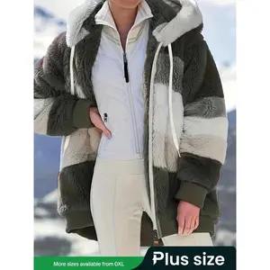 Women's Fall Winter Warm Casual Hooded Jacket, Plush Patchwork Zipper Pocket Design, Loose Fit Outdoor Sports Social Wear