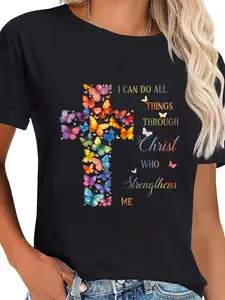 Lady's 100% Cotton Short-Sleeve Casual Graphic T-Shirt, "I Can Do All Things Through Christ" Design with Butterfly Cross for Everyday Wear