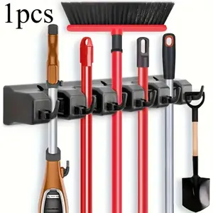 5 Clips and 6 Hooks Space Saving Wall Mounted Broom And Mop Rack- No Drilling Required, Self-adhesive Storage Box, Stylish Gray Or White, Suitable for Kitchen, Bathroom, Office, Garage Storage, Broom Rack Wall Mounted, Practical Rack