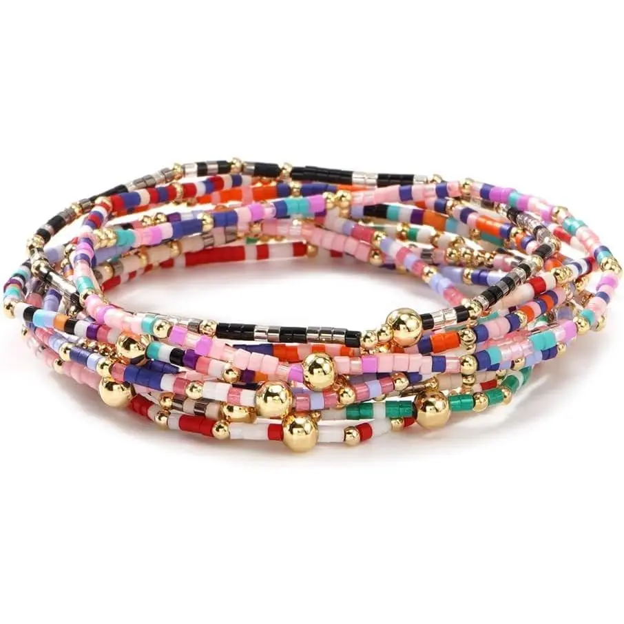 SHINUS BOHO Bangles for Women, 11Pcs Handmade Boho Glass Seed Beaded Stackable Bangle Bracelets, Fashionable Creative Matching Set, Matching Bracelets, Fashionable Creative Bangle