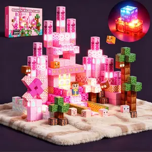 Pink Princess Castle Magnetic Building Blocks with LED Lights – 200/150/100PCS Light Up Magnetic Tiles Set, STEM Montessori Sensory Toys for Toddlers, Girls Birthday Christmas Gift for Ages 3+