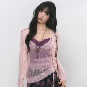 Sweet 3 Piece Sets Women Sun Protection Lace Bandage Cardigan + Patchwork Slim Fit Vest + Vintage Flower ​Skirts   Outfits