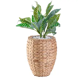 Vintiquewise  9.5 x 13 in. Water Hyacinth Round Floor Planter with Metal Pot, Brown - Small