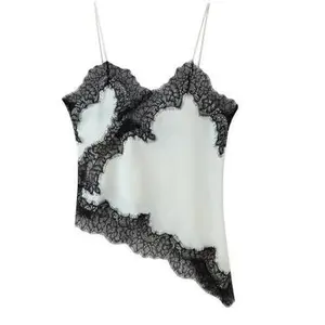 Women Summer Lace Trim Satin Camisole V Neck Spaghetti Strap Backless Asymmetrical Tops