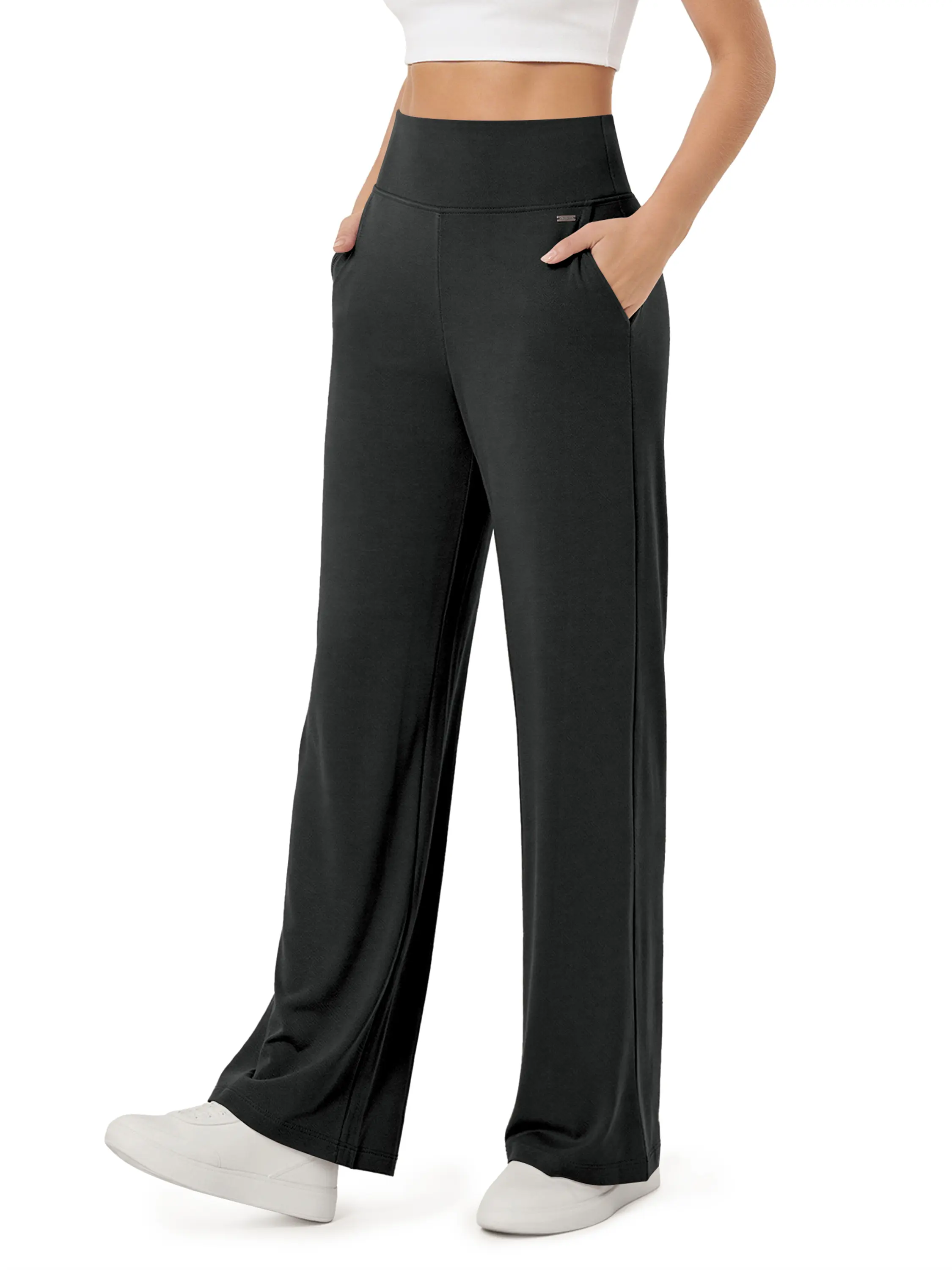 ODODOS Women's Modal Soft Lightweight High-Waist Wide-Leg Pants - Adjustable Basic Essential Everyday Bottoms with Pockets, 29" Inseam, Drawstring