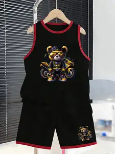 Summer Boys' Sportswear Set, Motorcycle Bear Cartoon Print, Street Style Cool Fashion, Casual Loose-Fit for Kids